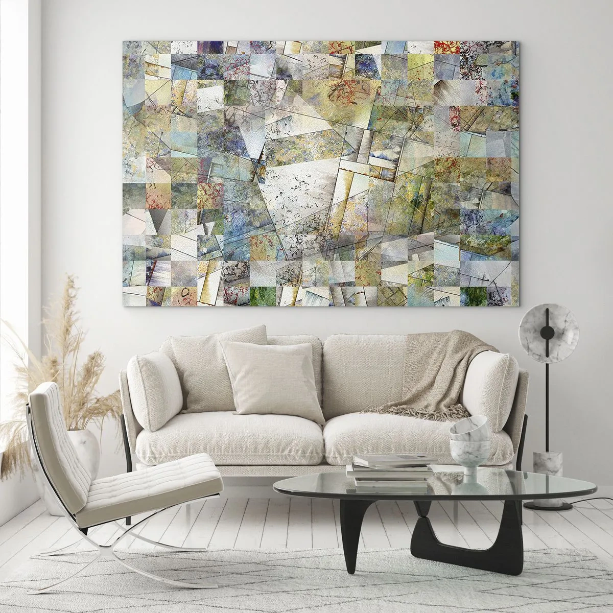 Obraz na szkle - Kolorowa kompozycja z pofragmentowanych geometrycznych kształtów - 70x50cm - Geometryczne przetasowanie - Nowoczesna dekoracja ścienna do salonu i sypialni ARTTOR