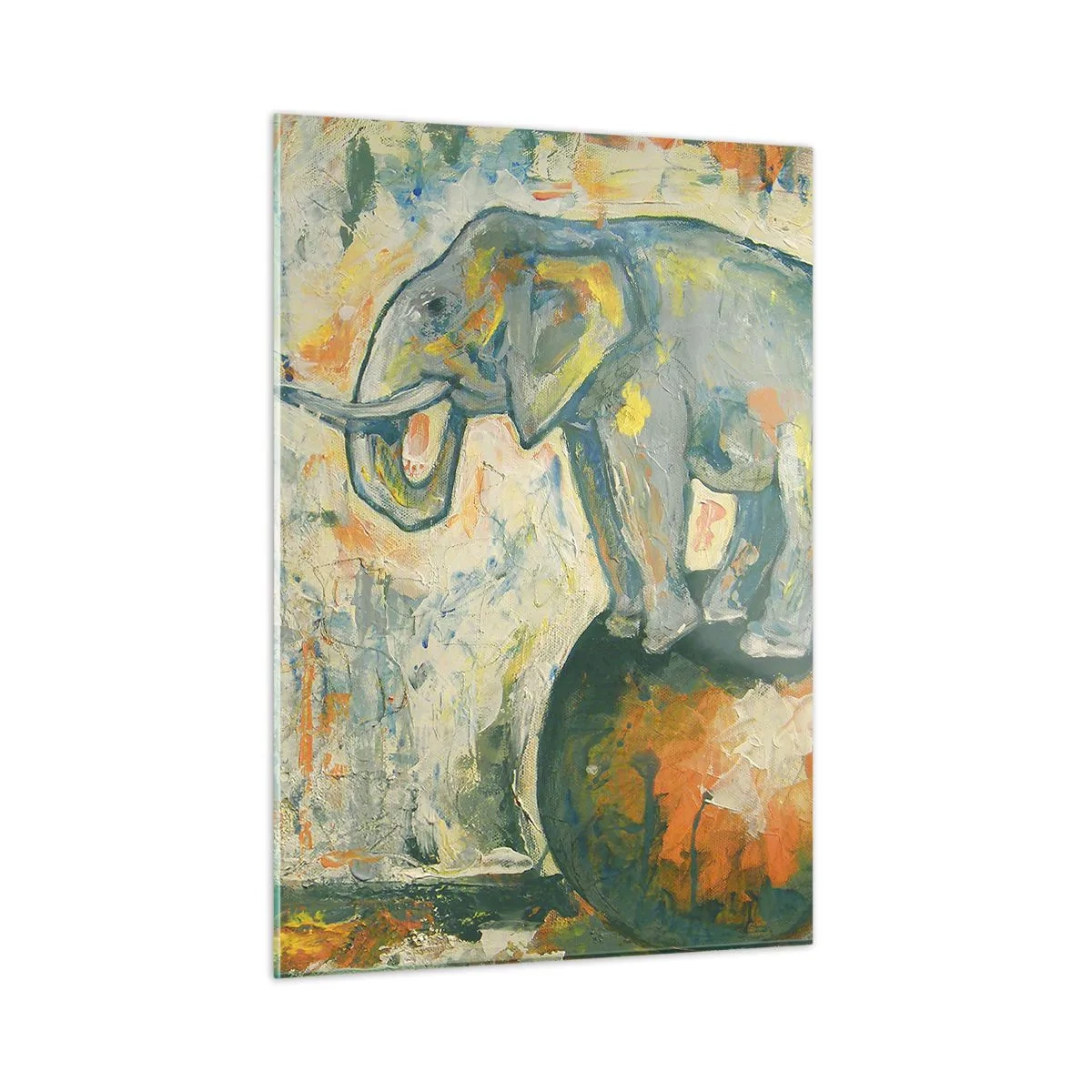 Obraz na szkle - Abstrakcyjny słoń balansujący na kuli - 50x70cm - Niech żyje cyrk! - Nowoczesna dekoracja ścienna do salonu, kuchni i sypialni ARTTOR