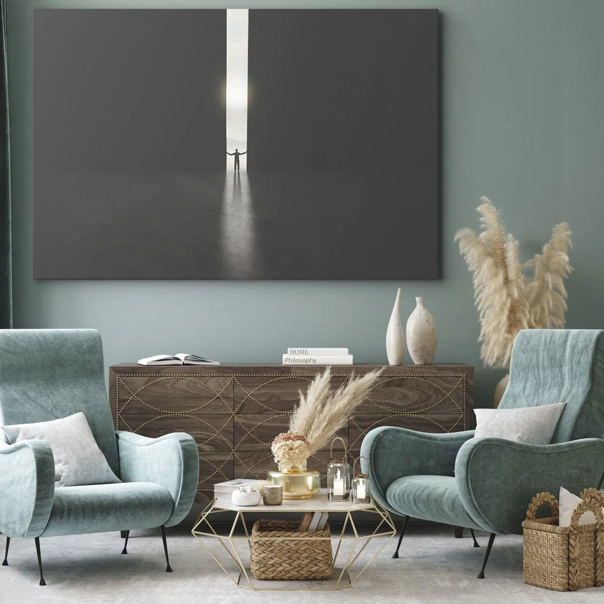 Obraz na płótnie - Człowiek stojący w świetle wąskiej szczeliny w ciemnej przestrzeni - 70x50cm - Krok do jasnej przyszłości - Nowoczesna dekoracja ścienna do salonu i sypialni ARTTOR