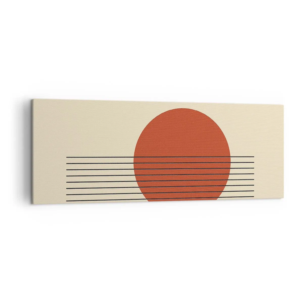 Obraz na płótnie - Abstrakcyjny okrąg w czerwieni z liniami na beżowym tle - 140x50cm - W koło i dalej - Nowoczesna dekoracja ścienna do salonu i sypialni ARTTOR