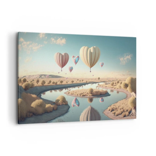 Obraz na płótnie - Balony w kształcie serc unoszące się nad krajobrazem - 120x80cm - Miłość pozwala wznieść się - Nowoczesna dekoracja ścienna do salonu, kuchni i sypialni ARTTOR