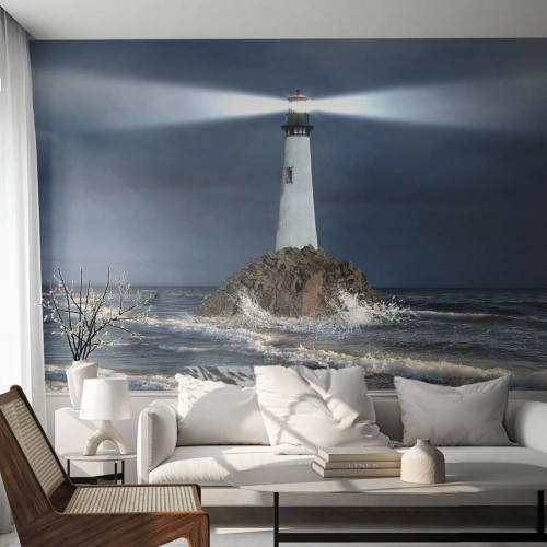 Fototapeta Premium Sand - Latarnia morska na skale wśród wzburzonego morza - 100x70cm - Tu…tu…tutaj! - Nowoczesna dekoracja ścienna do salonu, kuchni i sypialni ARTTOR