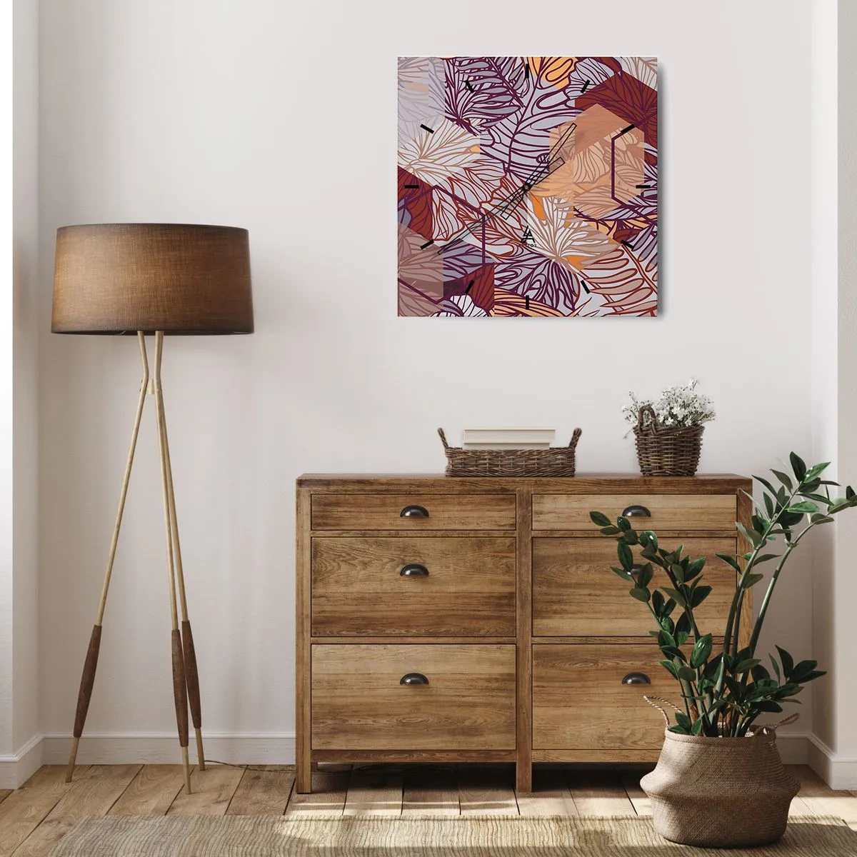 Zegar ścienny - Dekoracyjny wzór liści tropikalnych w odcieniach fioletu, pomarańczu i beżu - 30x30cm - Związek niemozliwy geometrii i natury - Nowoczesna dekoracja ścienna do salonu i sypialni ARTTOR