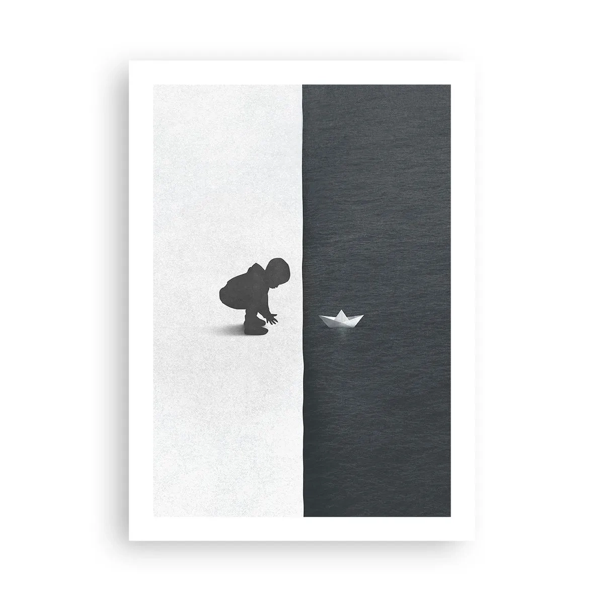 Plakat - Dziecko pochylone nad wodą z papierową łódką - 50x70cm - Wielka wyprawa - Nowoczesna dekoracja ścienna do salonu, kuchni i sypialni ARTTOR