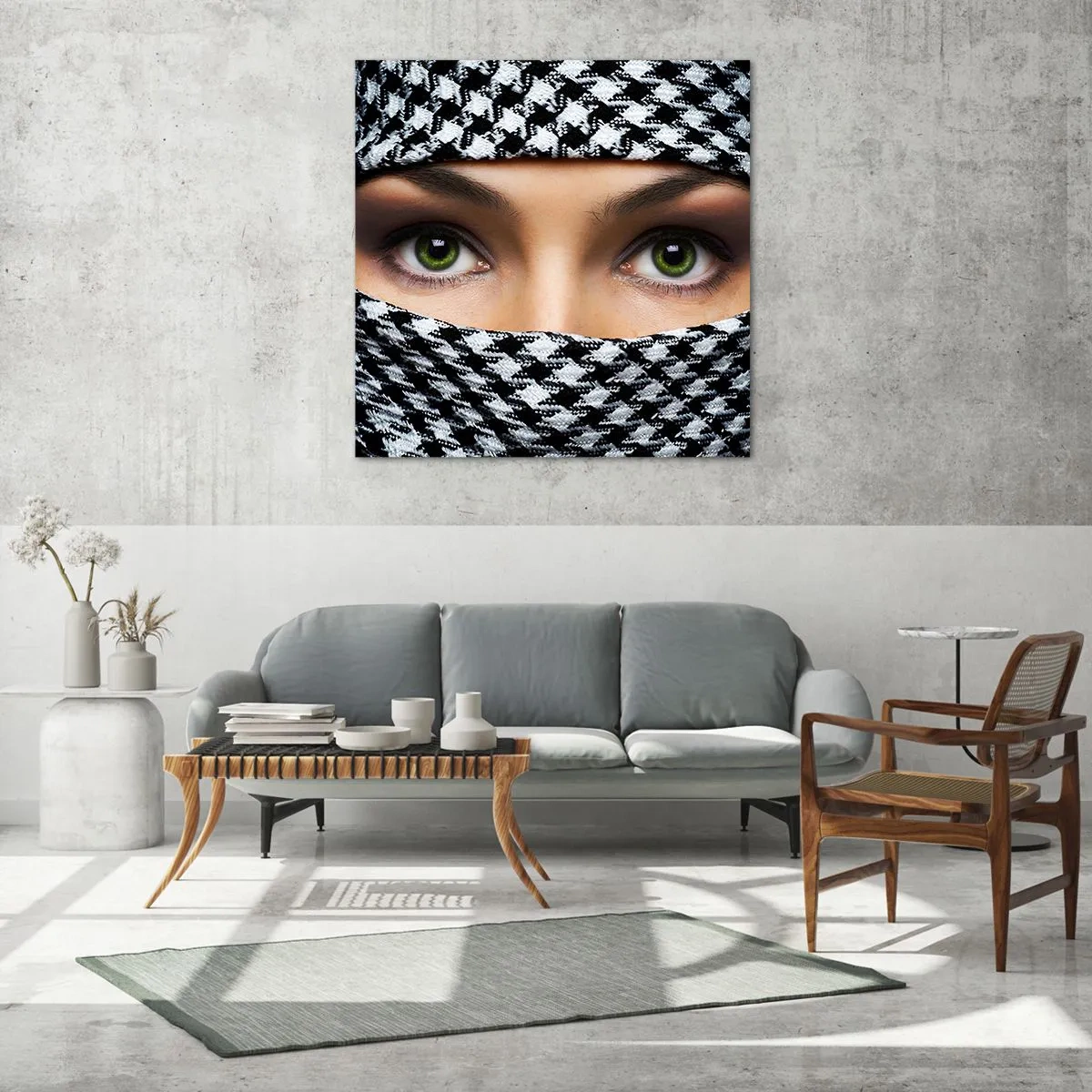 Obraz na szkle - Portret zakwefionej zielonookiej piękności - 40x40 cm