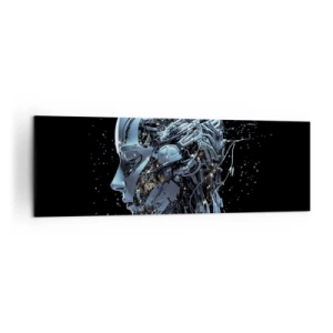 Obraz na płótnie - Futurystyczny portret cyborga w industrialnym stylu na czarnym tle - 160x50cm - Technologia jest kobietą - Nowoczesna dekoracja ścienna do salonu i sypialni ARTTOR