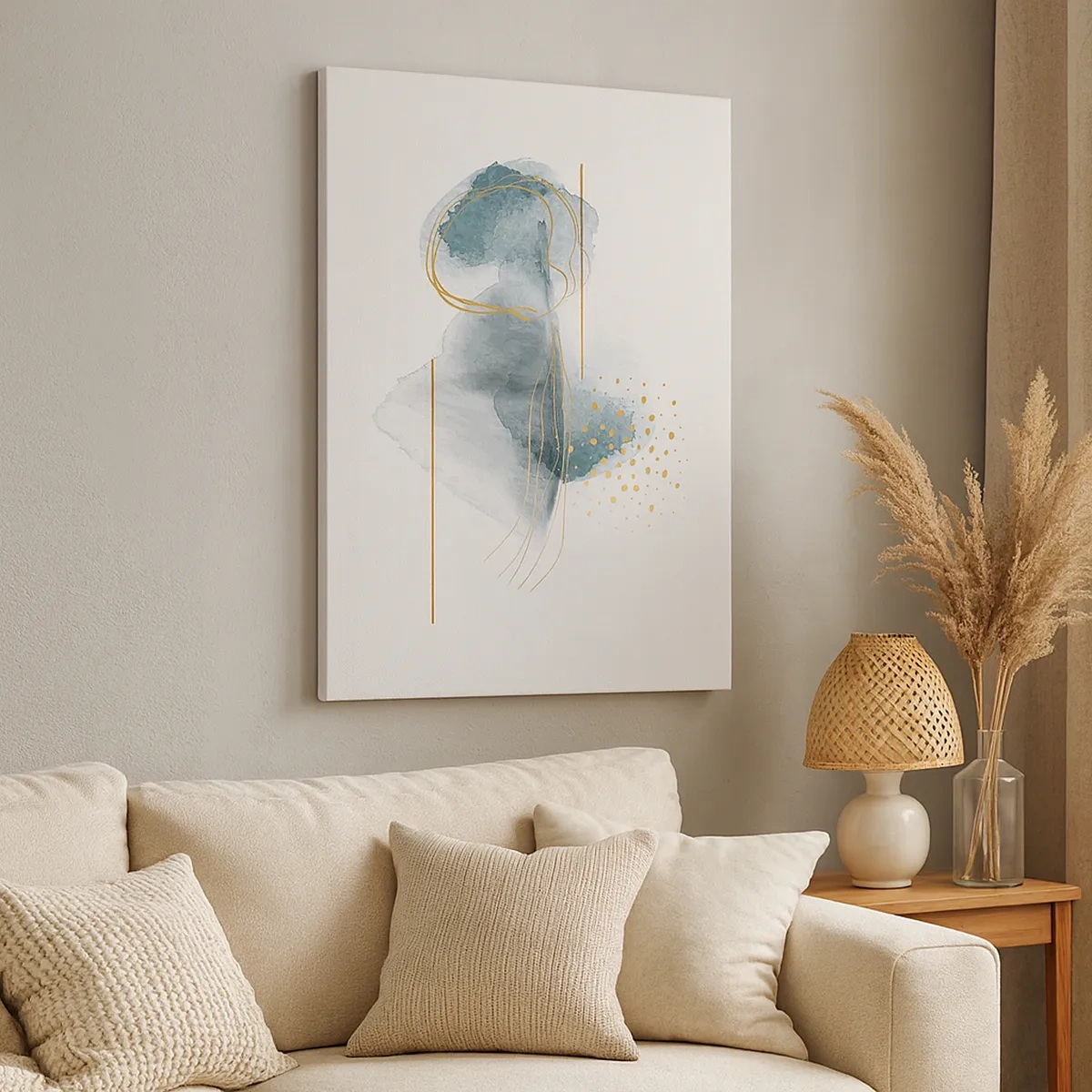 Obraz na płótnie - Abstrakcyjna kompozycja w odcieniach szarości i złota na białym tle - 50x70cm - O związkach szarości i złota - Nowoczesna dekoracja ścienna do salonu, kuchni i sypialni ARTTOR