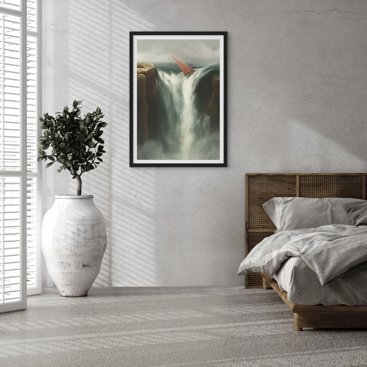 Plakat w czarnej ramie - Żaglówka spadająca z wodospadu w surrealistycznym krajobrazie - 50x70cm - Życiowa przestroga - Nowoczesna dekoracja ścienna do salonu i sypialni ARTTOR