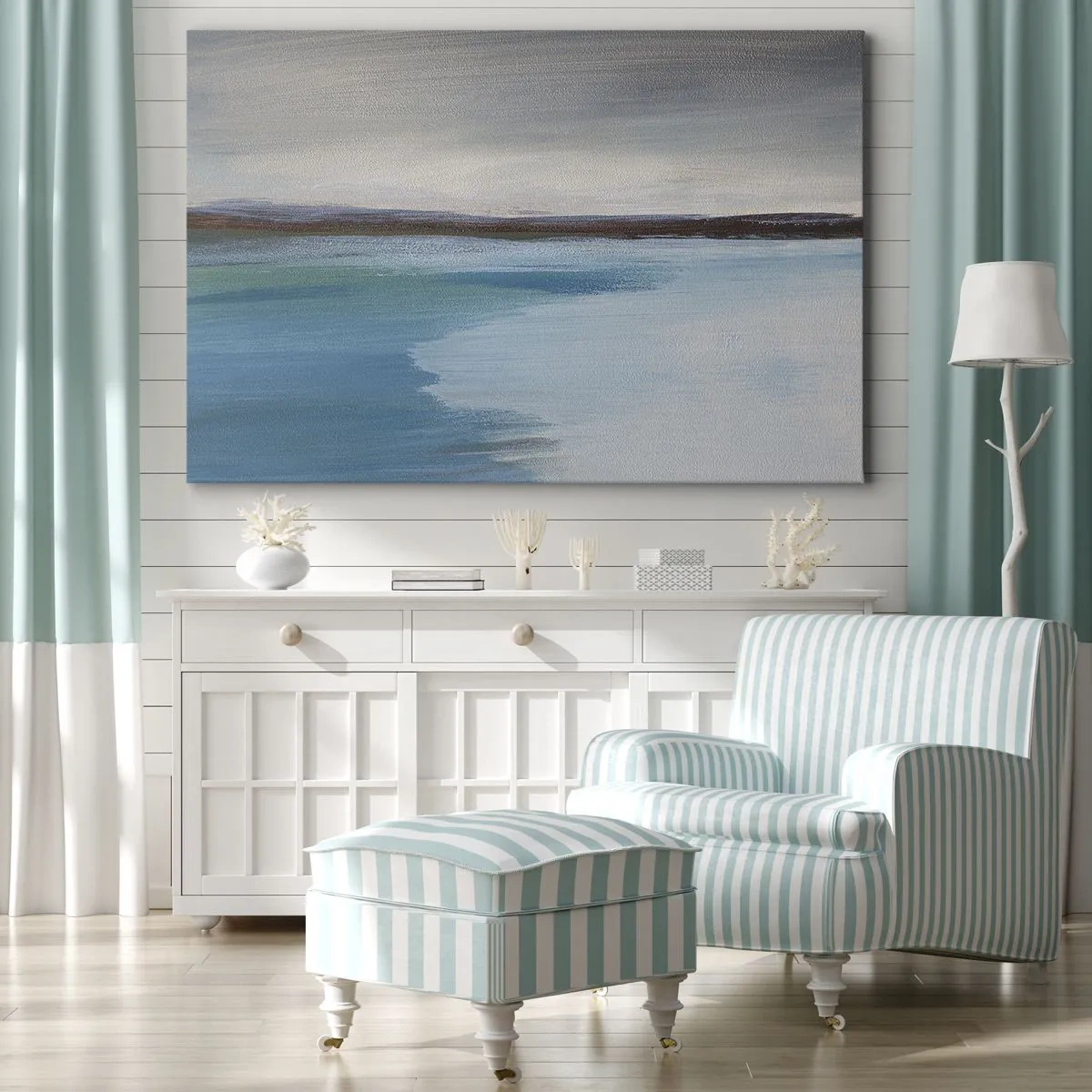 Obraz na płótnie - Minimalistyczny pejzaż z linią wody i horyzontem - 70x50cm - Pejzaż horyzontalny - Nowoczesna dekoracja ścienna do salonu i sypialni ARTTOR