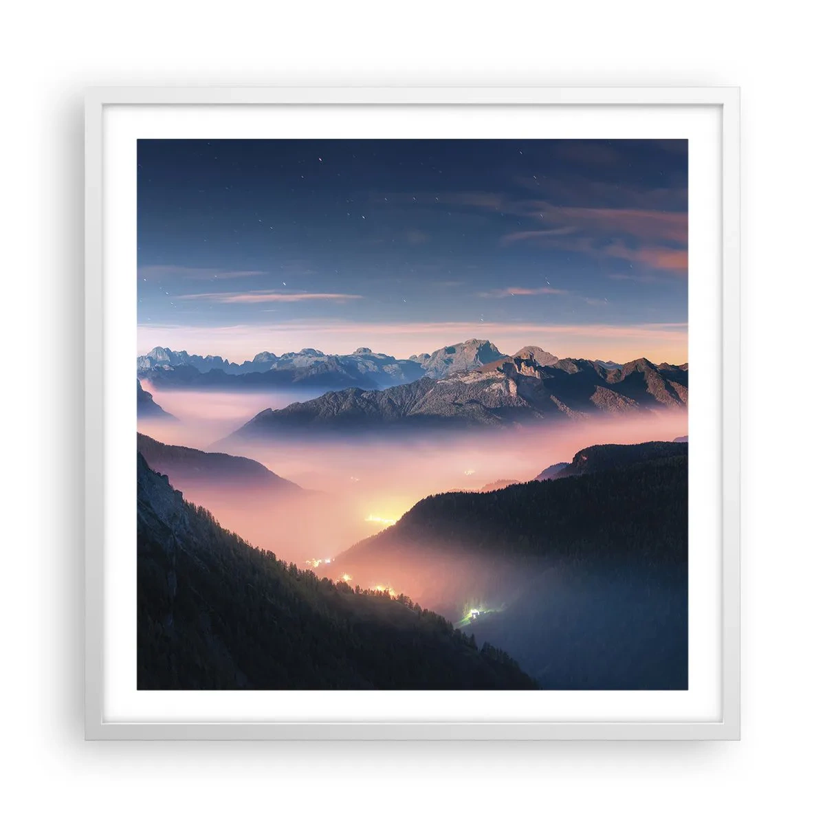 Plakat w białej ramie - Światło w dolinach - 60x60 cm