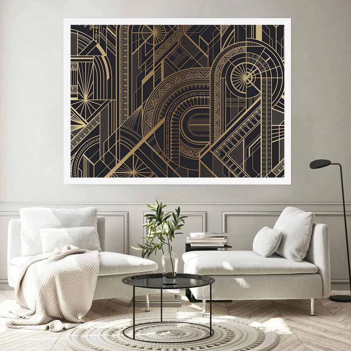 Plakat - Złote geometryczne wzory na czarnym tle w stylu art deco - 100x70cm - Koncepty, idee, plany - Nowoczesna dekoracja ścienna do salonu i sypialni ARTTOR
