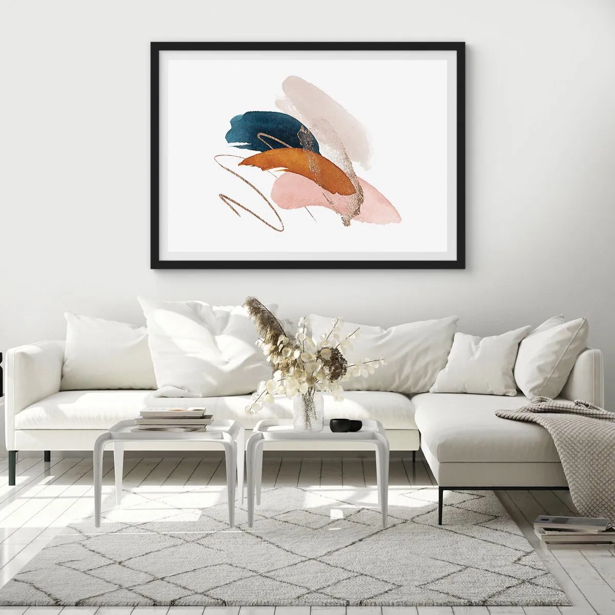 Plakat w czarnej ramie - Abstrakcyjne pociągnięcia w pastelowych kolorach z akcentami złota - 70x50cm - Kompozycja uskrzydlona - Nowoczesna dekoracja ścienna do salonu i sypialni ARTTOR