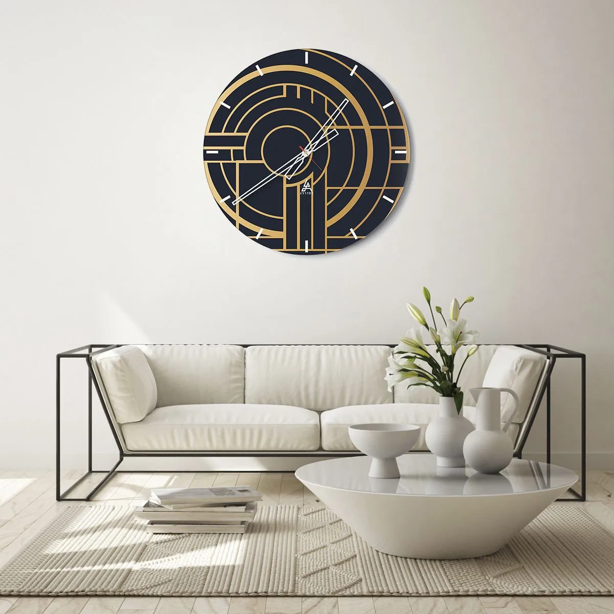 Zegar ścienny - Złoto-czarna geometryczna kompozycja z koncentrycznym wzorem - 30x30cm - Obroty rzeczy - Nowoczesna dekoracja ścienna do salonu, kuchni i sypialni ARTTOR