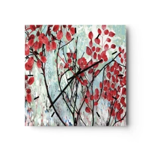 Zegar ścienny - Czerwone liście na tle jasnego nieba z abstrakcyjnymi wzorami - 30x30cm - Drzewo w szkarłacie - Nowoczesna dekoracja ścienna do salonu i sypialni ARTTOR