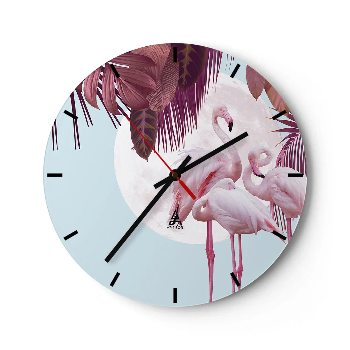Zegar ścienny - Flamingi na tle księżyca i tropikalnych liści - 30x30cm - Trzy ptasie gracje - Nowoczesna dekoracja ścienna do salonu, kuchni i sypialni ARTTOR