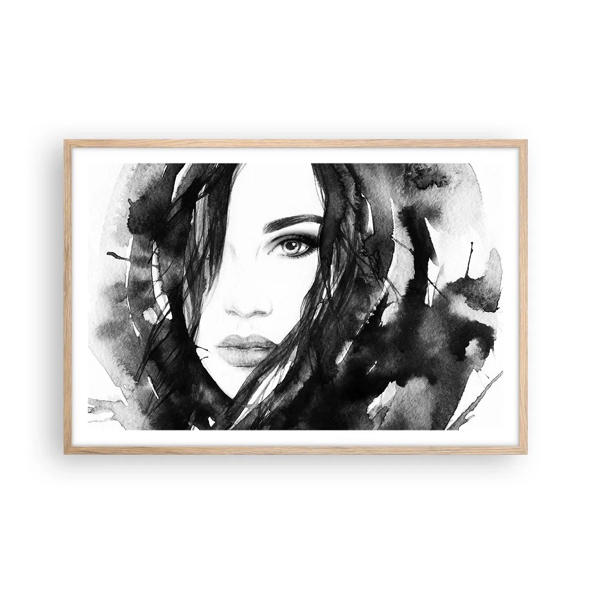 Plakat w ramie jasny dąb - Portret damy w czerni i bieli - 91x61 cm