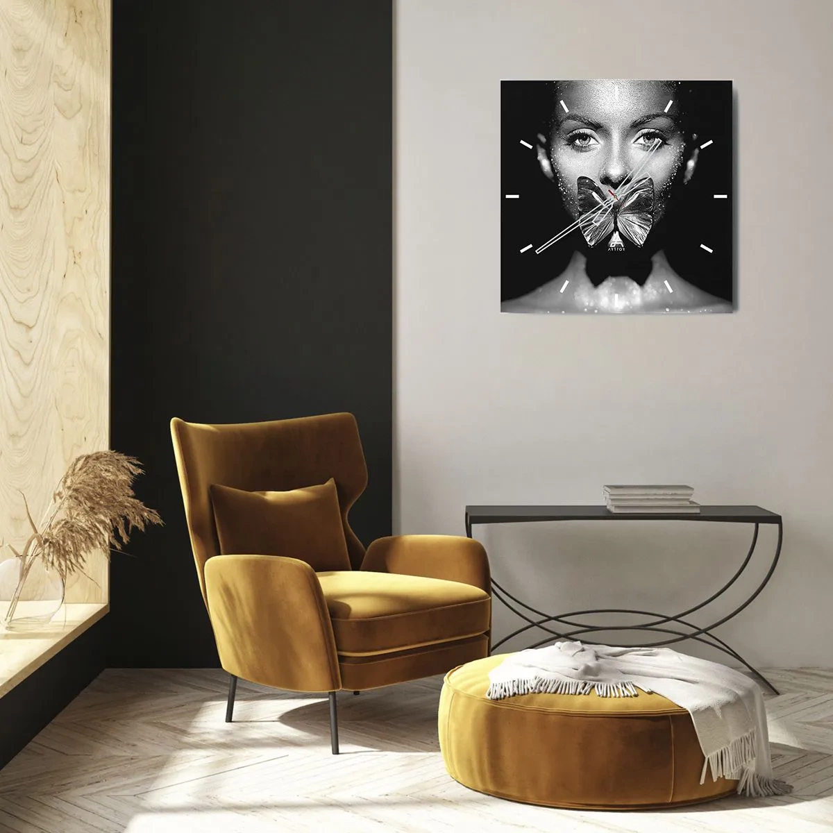 Zegar ścienny - Czarno-biała twarz kobiety z motylem na ustach - 30x30cm - Motyli pocałunek - Nowoczesna dekoracja ścienna do salonu i sypialni ARTTOR