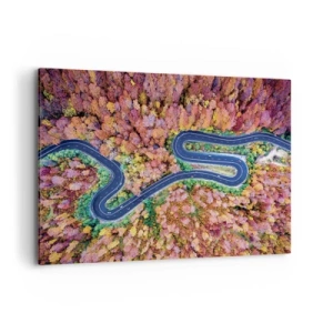 Obraz na płótnie - Kręta droga w jesiennym lesie widziana z lotu ptaka - 100x70cm - Krętą drogą poprzez las - Nowoczesna dekoracja ścienna do salonu, kuchni i sypialni ARTTOR