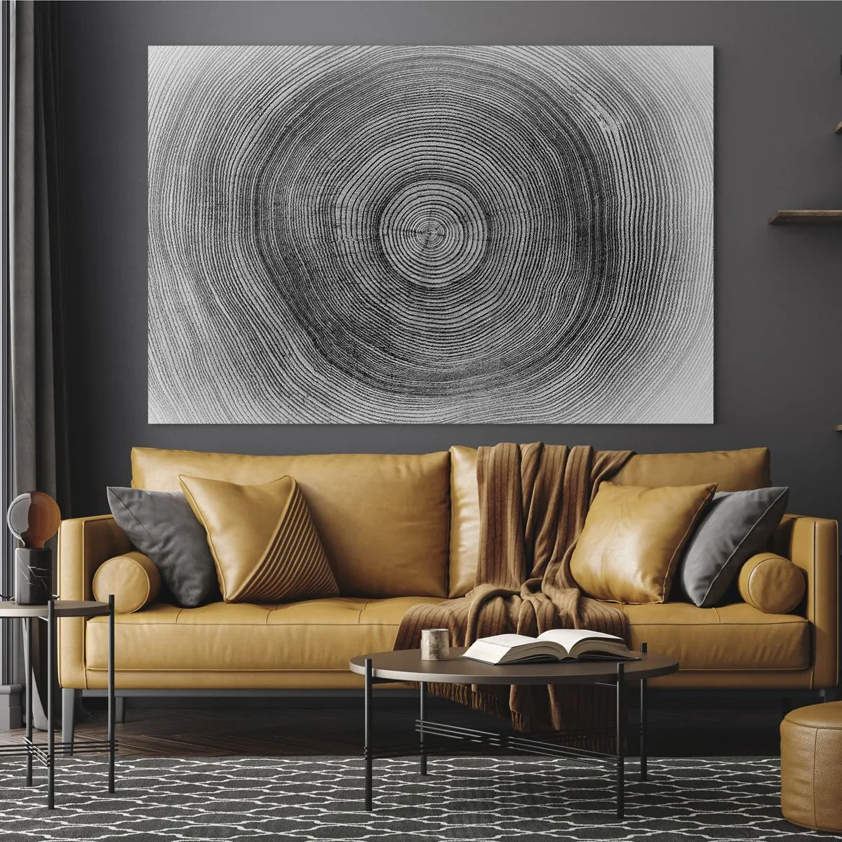 Obraz na szkle - Koncentryczne linie słojów drzewa ukazane w czarno-białej estetyce - 70x50cm - Znak czasu - Nowoczesna dekoracja ścienna do salonu i sypialni ARTTOR