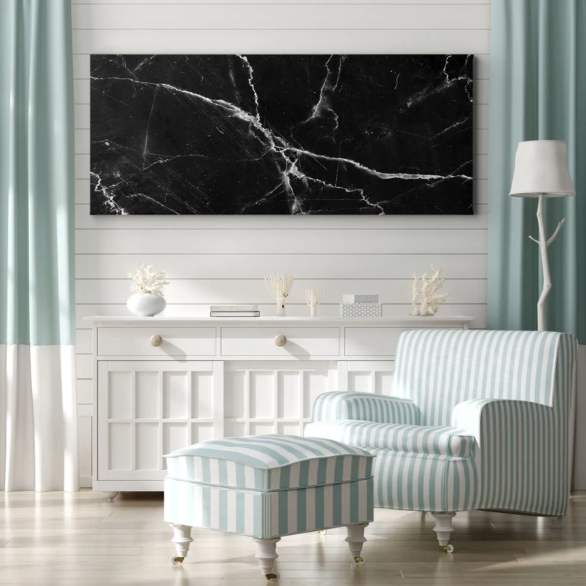 Obraz na płótnie - Czarny marmur z białymi żyłkami w detalu - 120x50cm - Sekretne życie kamienia - Nowoczesna dekoracja ścienna do salonu i sypialni ARTTOR