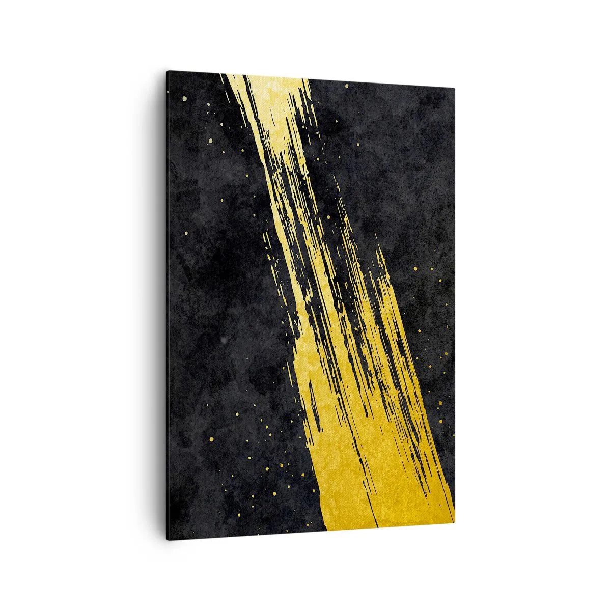 Obraz na płótnie - Czarne tło z dynamicznym złotym pociągnięciem pędzla - 70x100cm - Skok w nadprzestrzeń - Nowoczesna dekoracja ścienna do salonu i sypialni ARTTOR