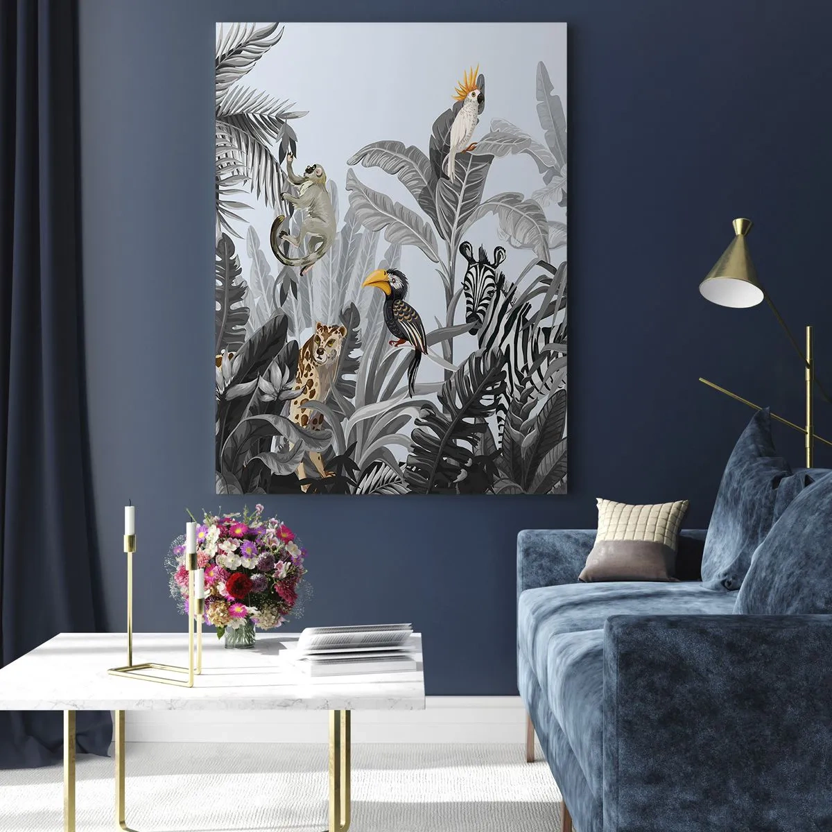 Obraz na szkle - Egzotyczne zwierzęta w czarno-białej dżungli na jasnym tle - 50x70cm - Afrykańska bajka - Nowoczesna dekoracja ścienna do salonu, kuchni i sypialni ARTTOR