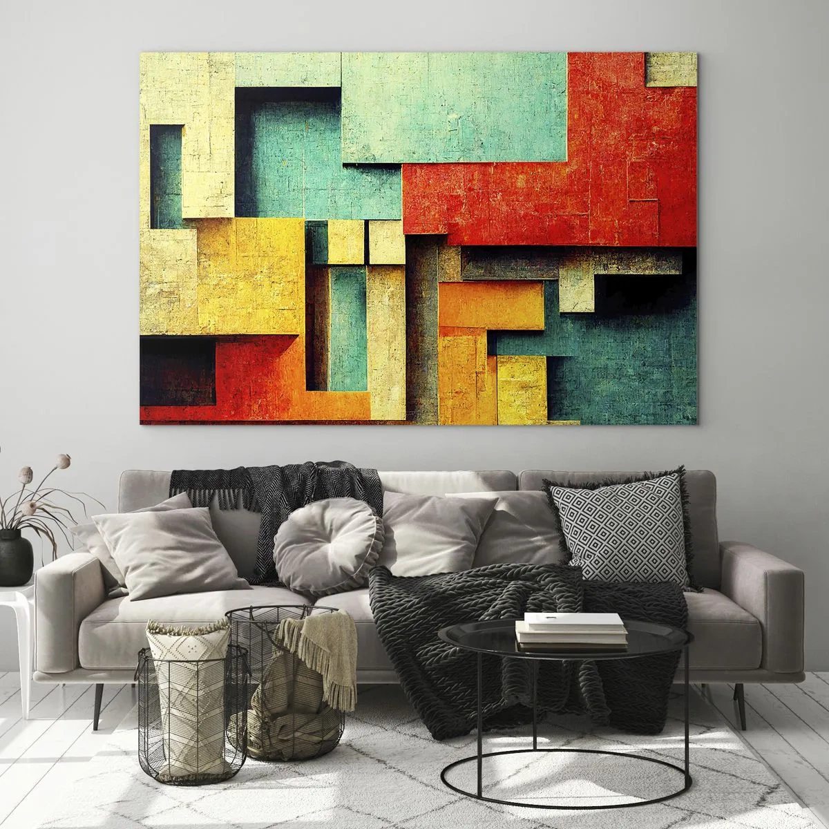 Obraz na szkle - Kolorowa abstrakcja geometryczna z prostokątów - 70x50cm - Festiwal kątów prostych - Nowoczesna dekoracja ścienna do salonu i sypialni ARTTOR