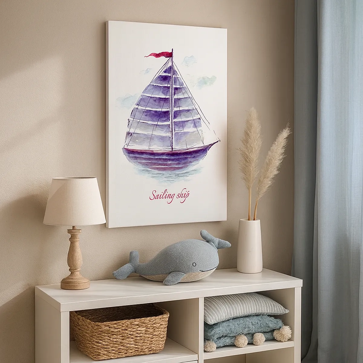 Obraz na płótnie - Akwarelowa ilustracja żaglowca na wodzie z napisem Sailing Ship - 50x70cm - Pełnych żagli i spokojnej wody - Nowoczesna dekoracja ścienna do salonu, kuchni i sypialni ARTTOR