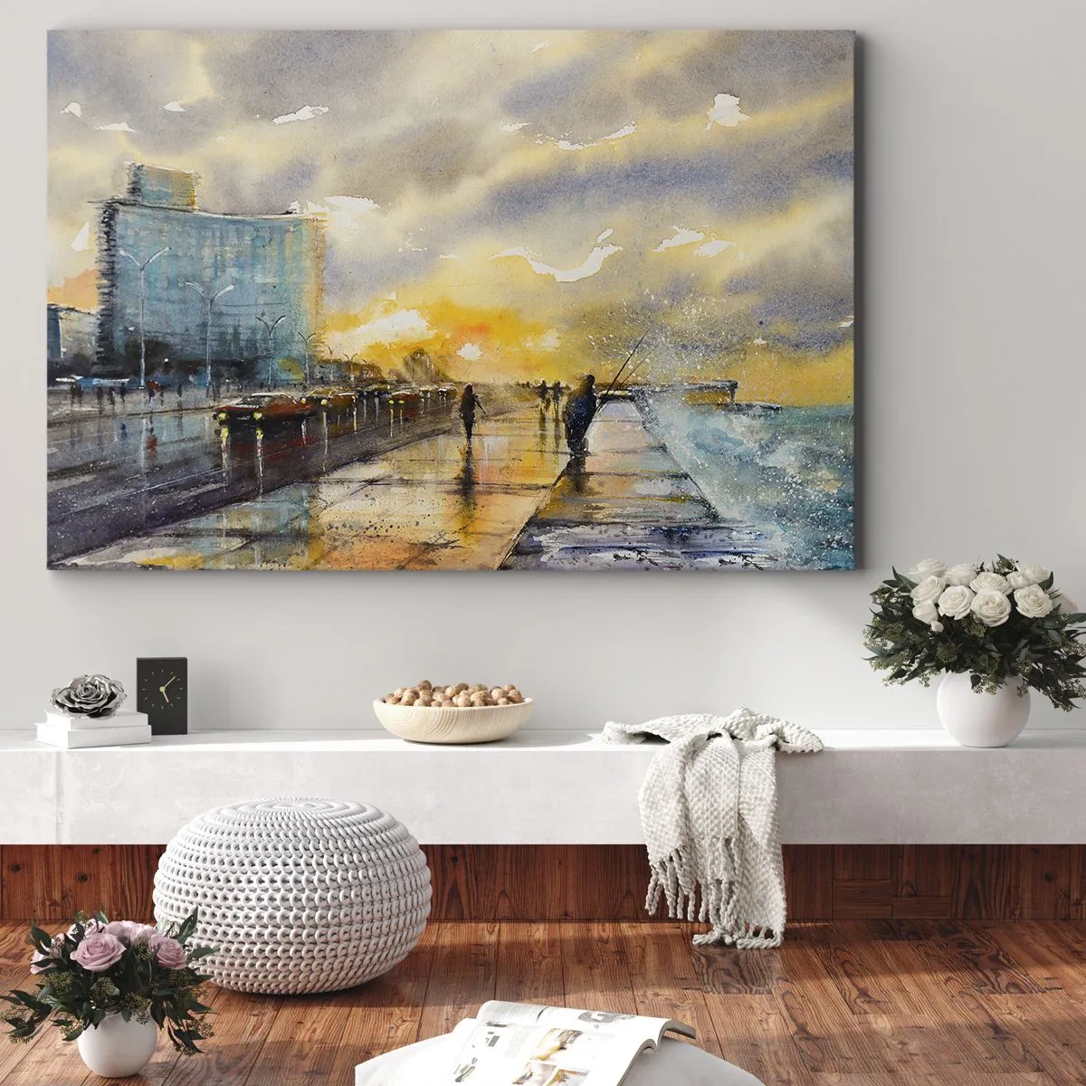 Obraz na płótnie - Malowniczy widok promenady nadmorskiej o zachodzie słońca - 70x50cm - Życie na brzegu - Nowoczesna dekoracja ścienna do salonu i sypialni ARTTOR