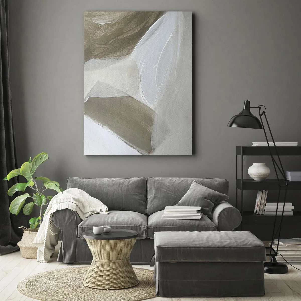 Obraz na płótnie - Delikatna abstrakcja w odcieniach beżu i bieli - 70x100cm - Fala bieli - Nowoczesna dekoracja ścienna do salonu i sypialni ARTTOR