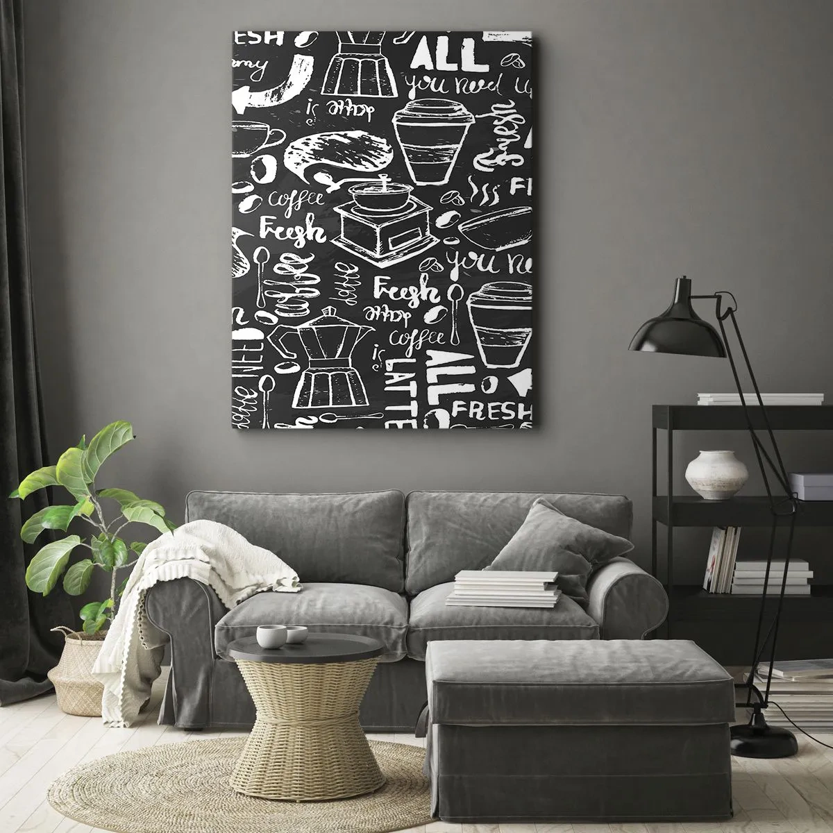 Obraz na płótnie - Czarno-biała grafika z kawowymi ilustracjami i napisami - 50x70cm - All you need is… - Nowoczesna dekoracja ścienna do salonu, kuchni i sypialni ARTTOR