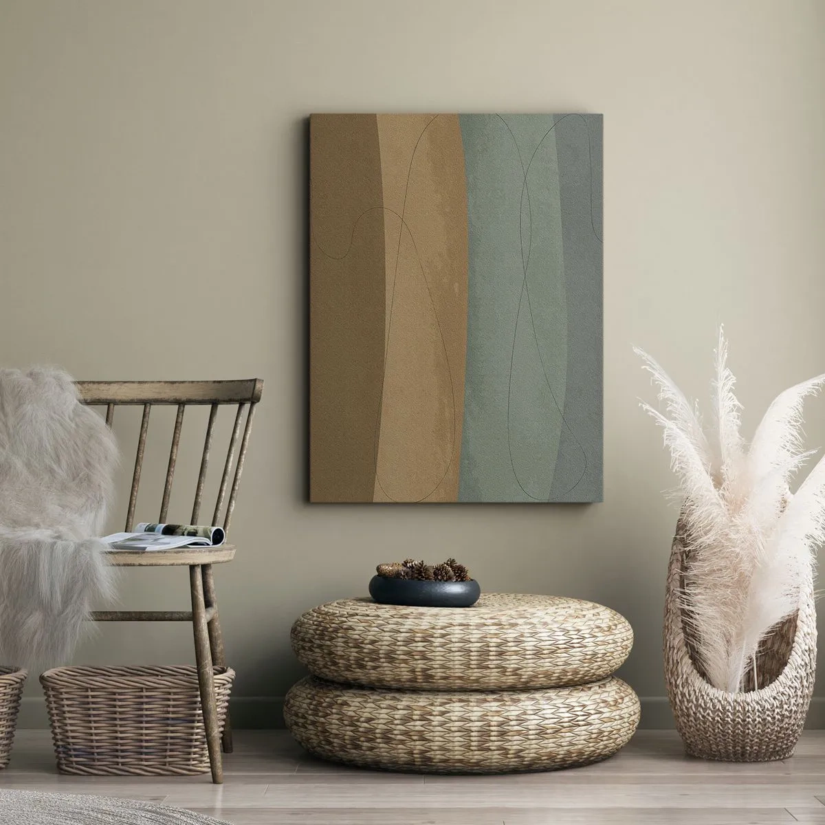 Obraz na płótnie - Abstrakcyjna kompozycja w odcieniach zieleni i brązu z subtelnymi liniami - 50x70cm - Kompozycja horyzontalna - Nowoczesna dekoracja ścienna do salonu, kuchni i sypialni ARTTOR