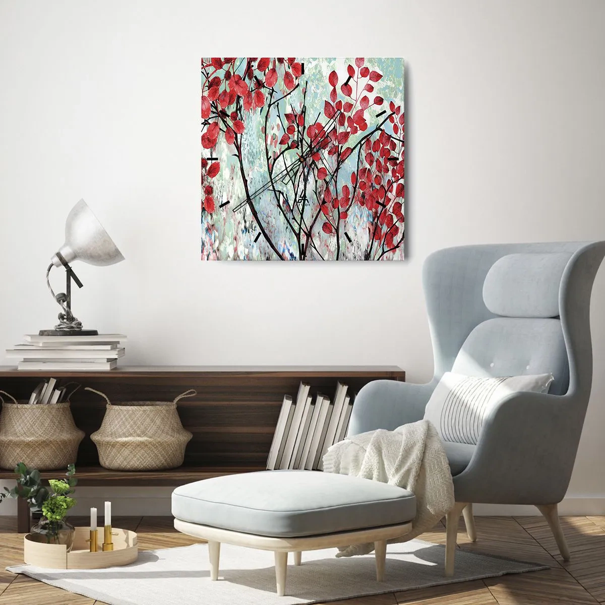 Zegar ścienny - Czerwone liście na tle jasnego nieba z abstrakcyjnymi wzorami - 30x30cm - Drzewo w szkarłacie - Nowoczesna dekoracja ścienna do salonu i sypialni ARTTOR