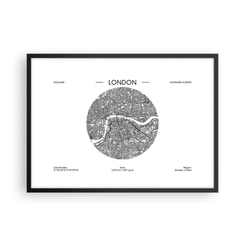 Plakat w czarnej ramie - Minimalistyczna mapa Londynu w czarno-białej kolorystyce z precyzyjnymi detalami - 70x50cm - Anatomia Londynu - Nowoczesna dekoracja ścienna do salonu i sypialni ARTTOR