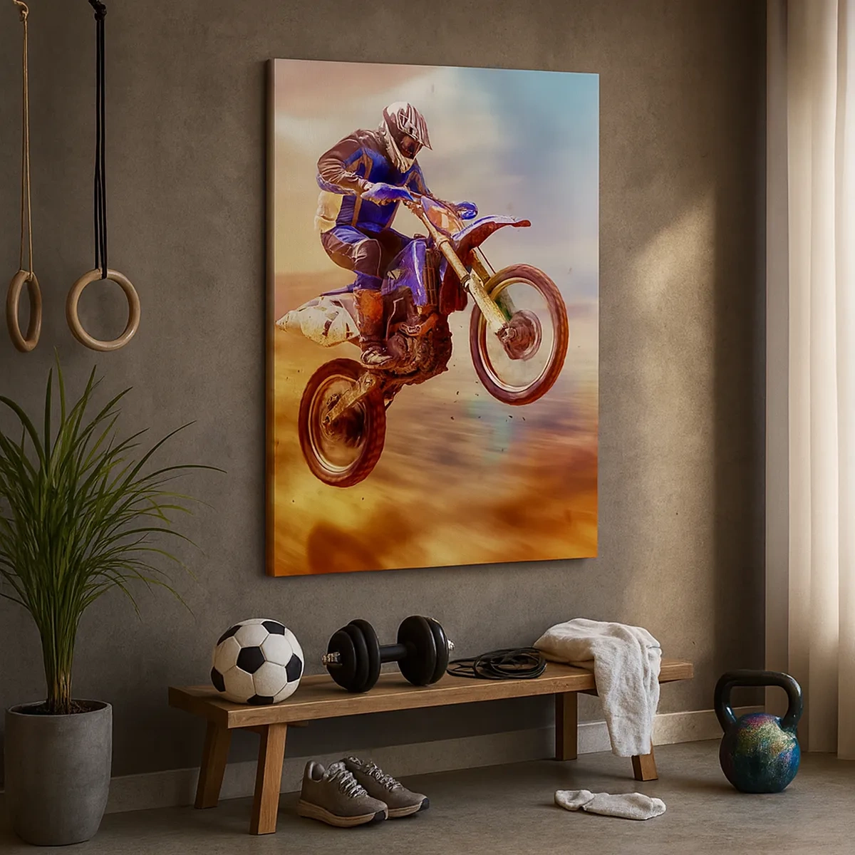 Obraz na płótnie - Motocyklista w dynamicznym skoku na motocyklu crossowym w piaszczystym terenie - 50x70cm - Motocyklowy zawrót głowy - Nowoczesna dekoracja ścienna do salonu, kuchni i sypialni ARTTOR