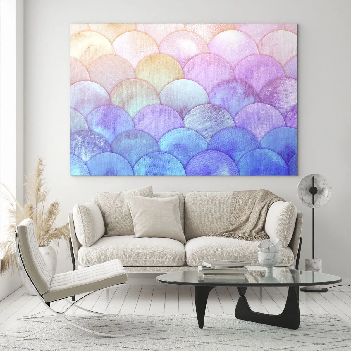 Obraz na szkle - Perłowe łuski w pastelowych odcieniach różu, błękitu i fioletu - 70x50cm - Perłowa łuska - Nowoczesna dekoracja ścienna do salonu i sypialni ARTTOR