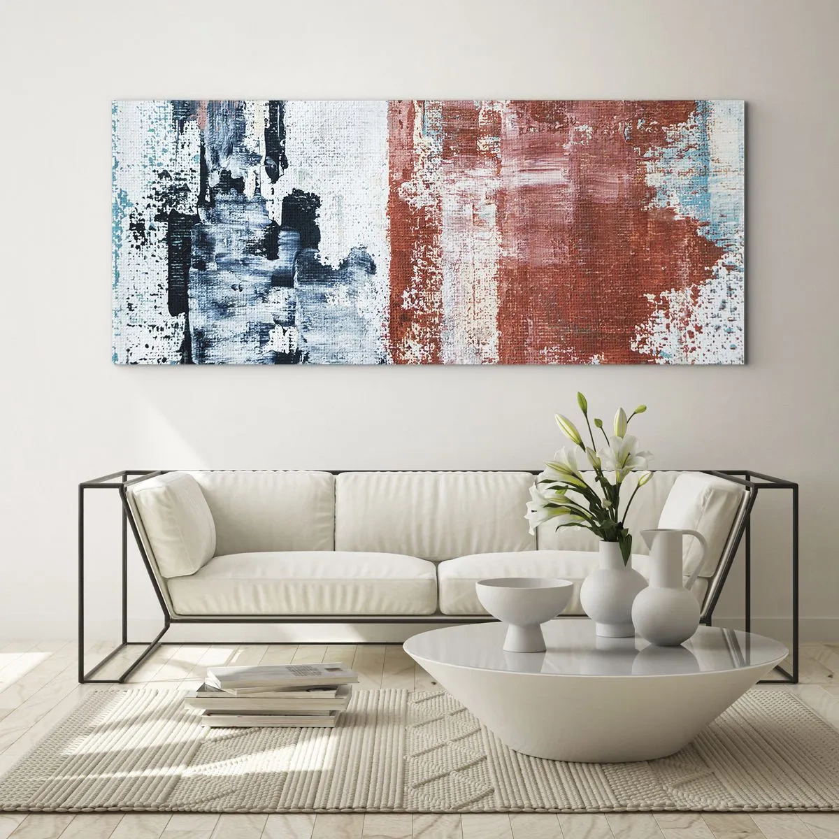 Obraz na szkle - Abstrakcja w biało-niebieskich i ceglanych barwach - 120x50cm - Abstrakcyjne pół na pół - Nowoczesna dekoracja ścienna do salonu i sypialni ARTTOR