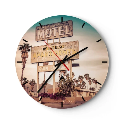 Zegar ścienny - Retro szyld motelu z palmami w tle na pustynnej drodze - 30x30cm - Tu czas się zatrzymał - Nowoczesna dekoracja ścienna do salonu, kuchni i sypialni ARTTOR