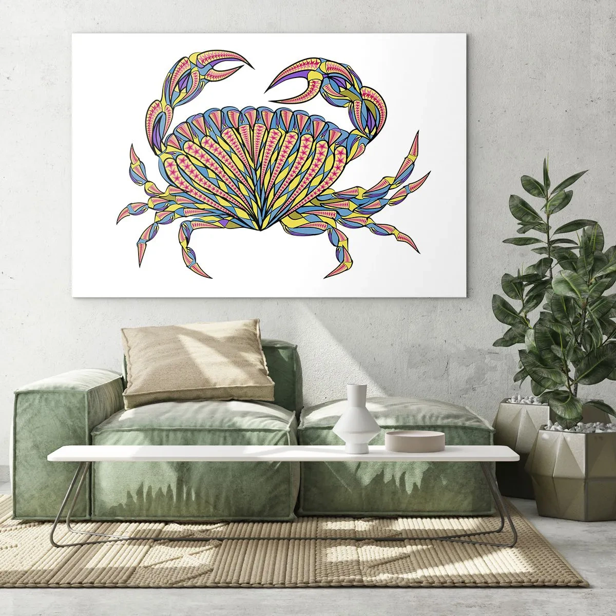 Obraz na szkle - Ilustracja przedstawiająca kolorowy krab w stylu geometrycznym - 70x50cm - Morska biżuteria - Nowoczesna dekoracja ścienna do salonu i sypialni ARTTOR