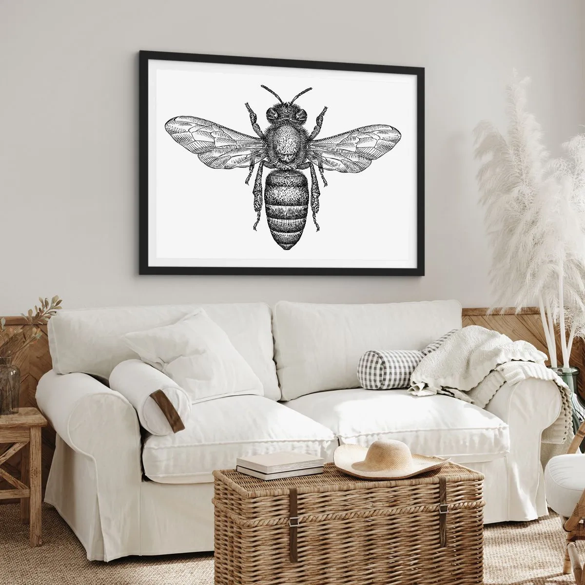 Plakat w czarnej ramie - Rysunkowy motyw pszczoły na białym tle w minimalistycznym stylu - 70x50cm - Owadzi portret - Nowoczesna dekoracja ścienna do salonu i sypialni ARTTOR
