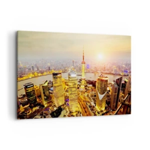 Obraz na płótnie - Panorama miasta z drapaczami chmur o zachodzie słońca - 100x70cm - Azjatycki sen - Nowoczesna dekoracja ścienna do salonu, kuchni i sypialni ARTTOR