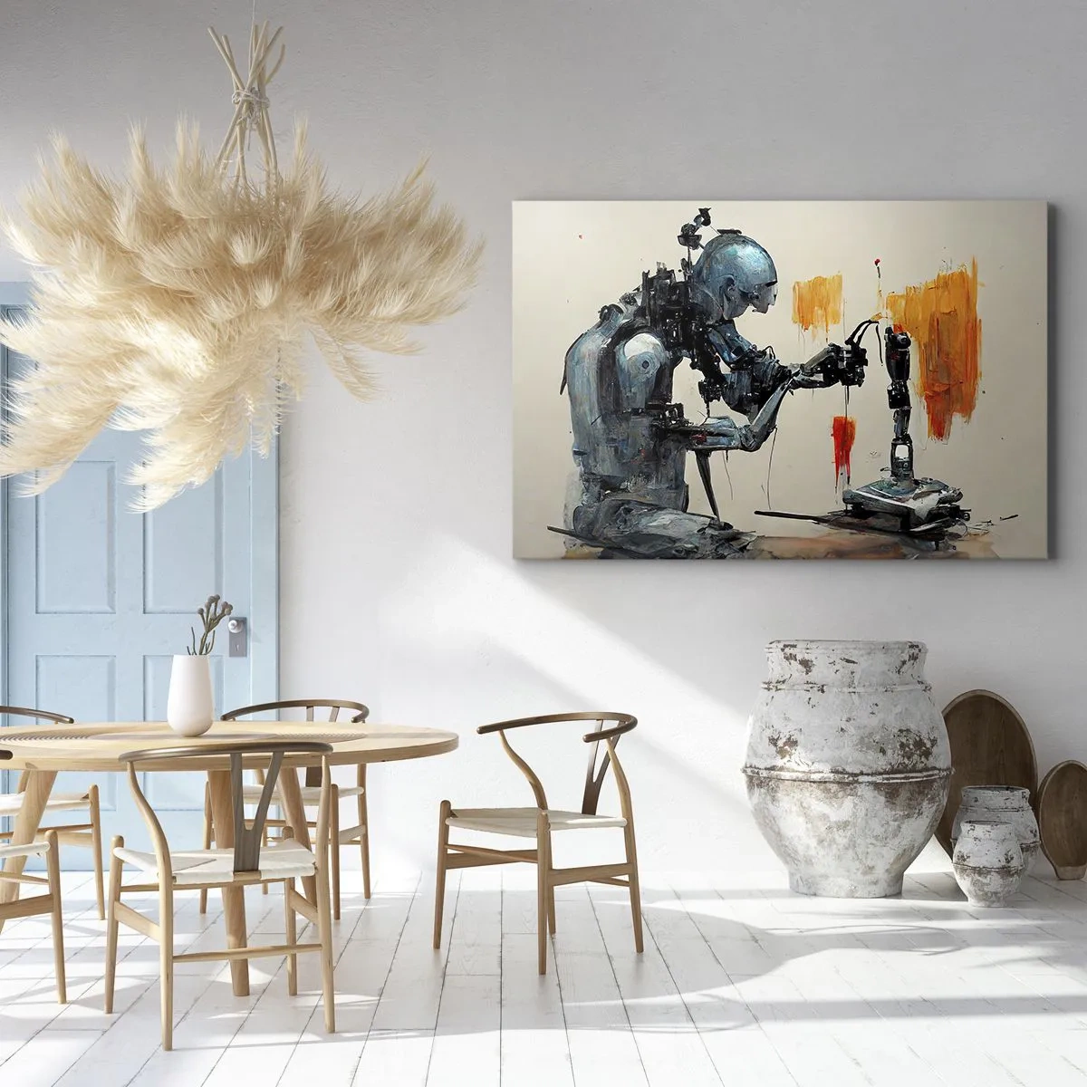Obraz na płótnie - Robot przy pracy z abstrakcyjnym tłem - 70x50cm - Już jutro… - Nowoczesna dekoracja ścienna do salonu i sypialni ARTTOR