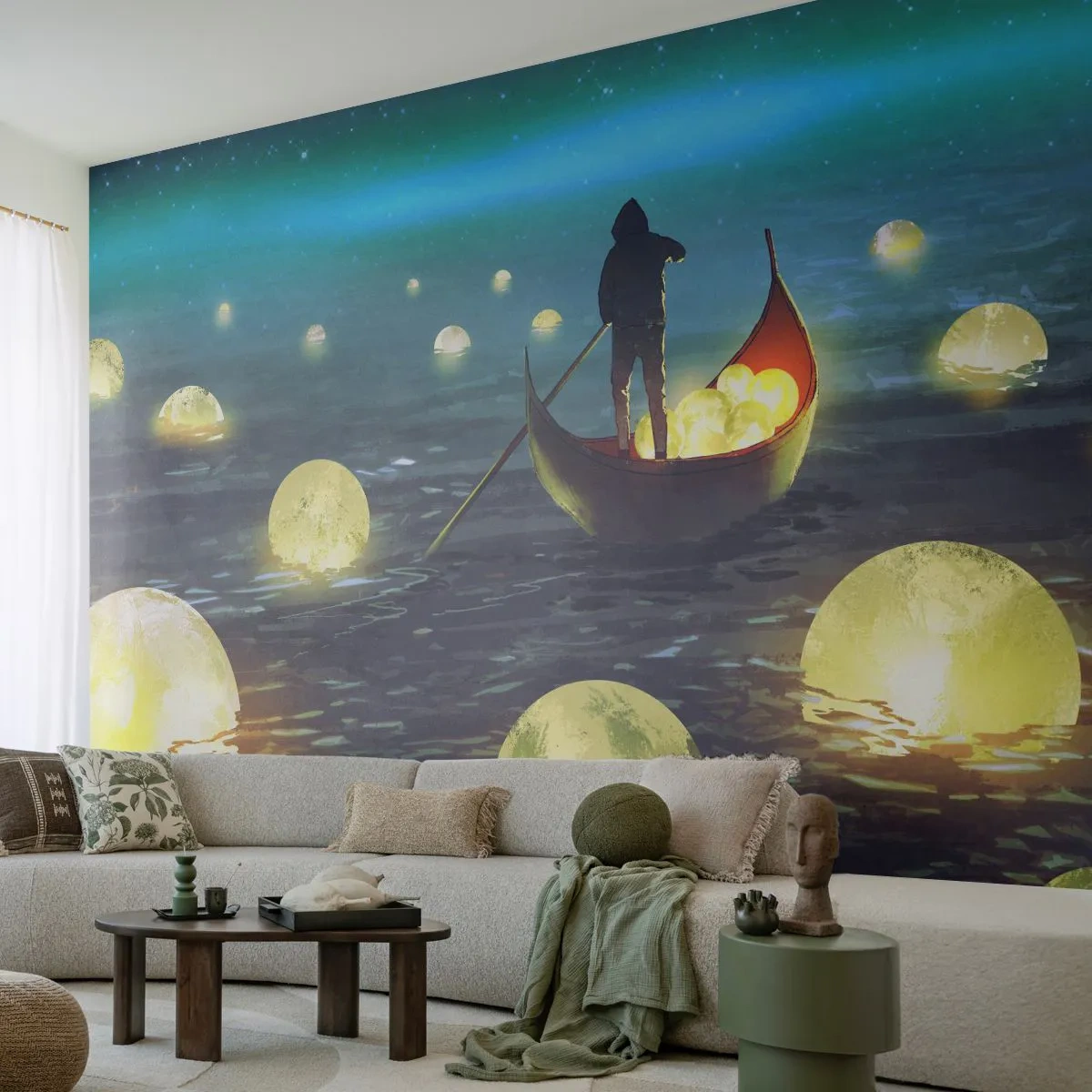 Fototapeta Premium Sand - Gondolier na wodzie otoczony świecącymi kulami - 100x70cm - Rzeczy, o których się filozofom nie śniło - Nowoczesna dekoracja ścienna do salonu, kuchni i sypialni ARTTOR