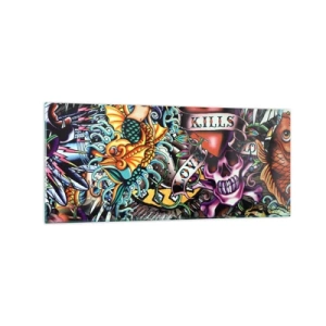 Obraz na szkle - Kolorowa grafika w stylu tatuażowym z czaszkami i motywami morskimi - 120x50cm - Sen tatuażysty - Nowoczesna dekoracja ścienna do salonu i sypialni ARTTOR