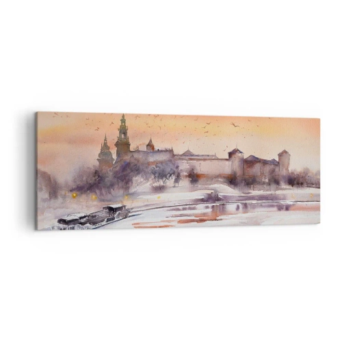 Obraz na płótnie - Zachód słońca nad zamkiem w zimowej scenerii - 140x50cm - Królewski zachód słońca - Nowoczesna dekoracja ścienna do salonu i sypialni ARTTOR