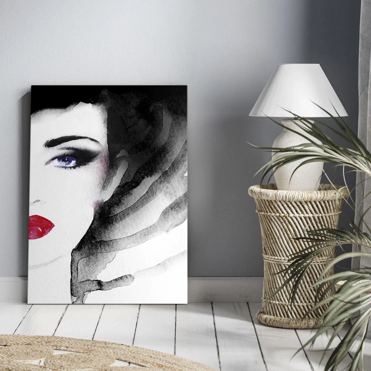 Obraz na płótnie - Abstrakcyjny portret kobiety z intensywnie czerwonymi ustami i niebieskim okiem - 50x70cm - Odpycha i przyzywa - Nowoczesna dekoracja ścienna do salonu, kuchni i sypialni ARTTOR