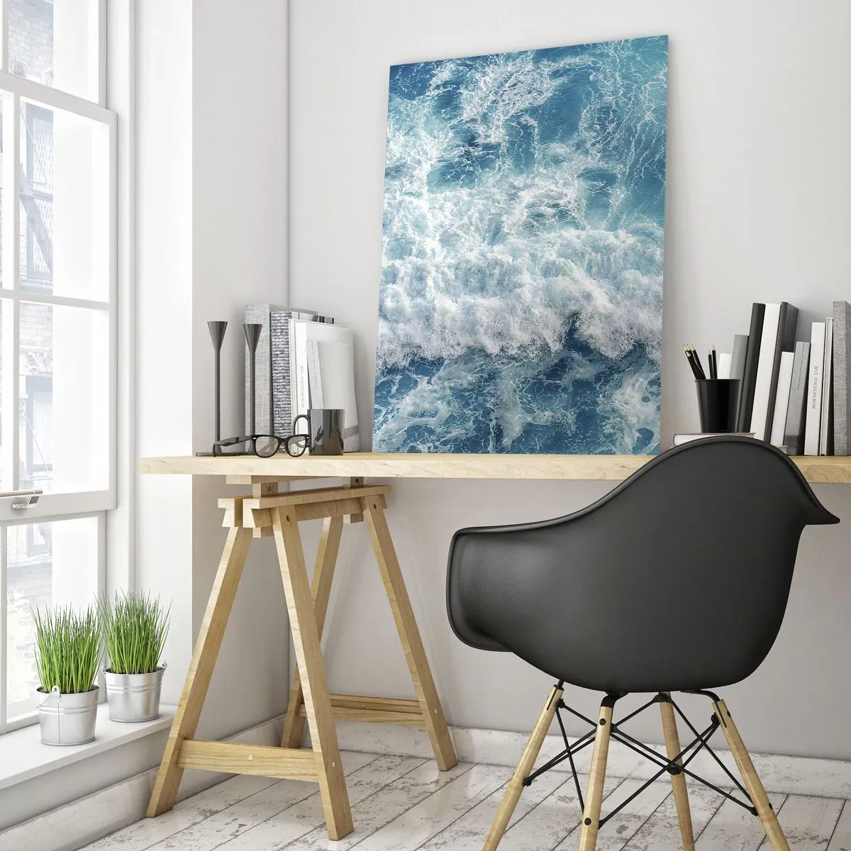 Obraz na szkle - Dynamiczne fale oceanu w odcieniach błękitu - 80x120cm - Radośnie i w podskokach - Nowoczesna dekoracja ścienna do salonu i sypialni ARTTOR