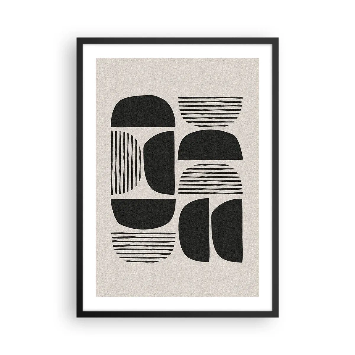 Plakat w czarnej ramie - Geometryczna abstrakcja z czarnymi kształtami i liniami - 50x70cm - Połowiczne układy - Nowoczesna dekoracja ścienna do salonu i sypialni ARTTOR