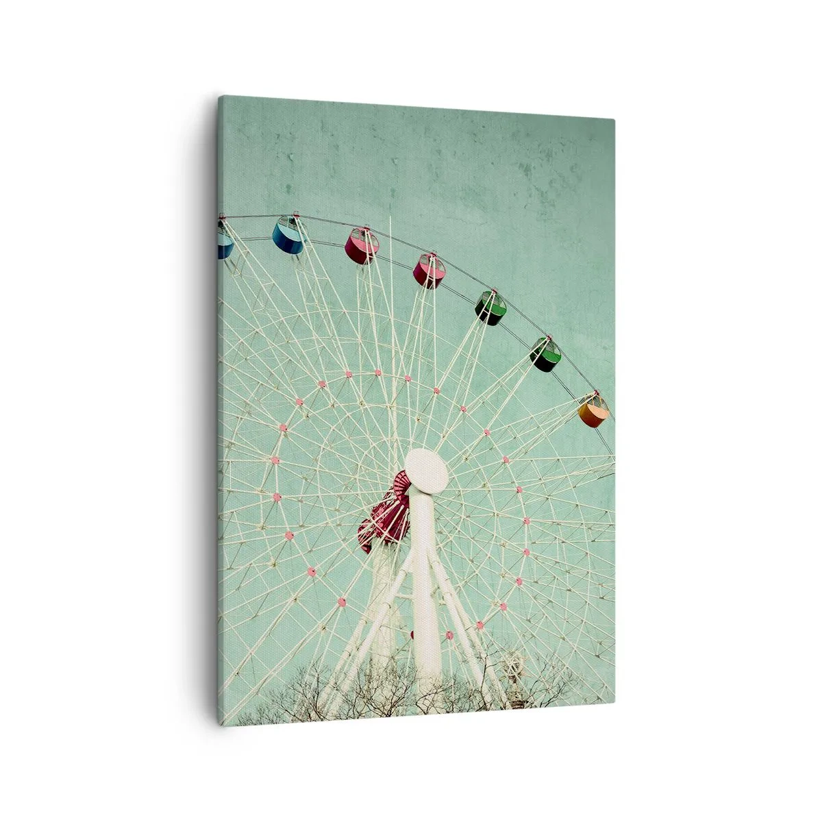 Obraz na płótnie - Wesołe miasteczko z diabelskim młynem na tle pastelowego nieba - 50x70cm - Zapraszamy do zabawy - Nowoczesna dekoracja ścienna do salonu, kuchni i sypialni ARTTOR