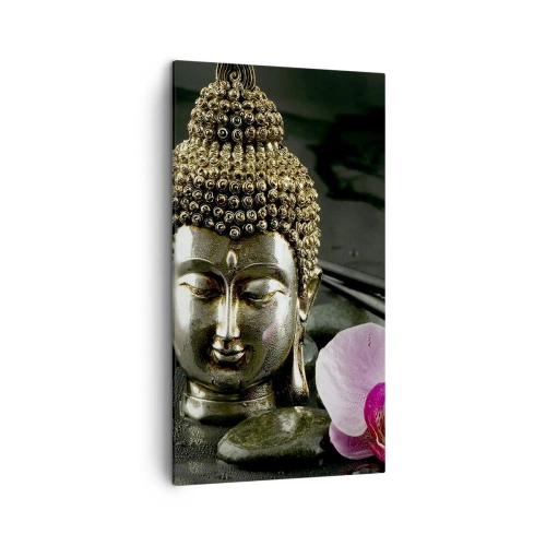 Obraz na Płótnie Arttor 45x80 cm - Harmonia mądrości i piękna - Budda, Religia, Wiara, Kwiat, Orchidea, Do Salonu, Do Sypialni, Różowy, Czarny, Pionowy, Płótno, PA45x80-0145